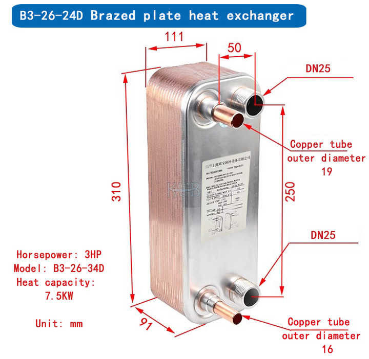 B3-26-34D Échangeur de chaleur brasé en acier inoxydable 304/316 de 1 HP à 6 HP OEM BPHE Type de plaque Échangeur de chaleur industriel pour refroidisseur