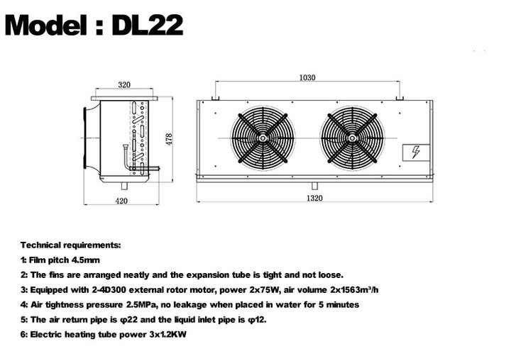 Série DL Refroidisseur d'air DL22 certification CE personnalisée évaporateur de chambre froide 3HP évaporateur de plafond, adapté à la réfrigération d'entrepôt, chambre froide, entrepôt frigorifique de légumes
